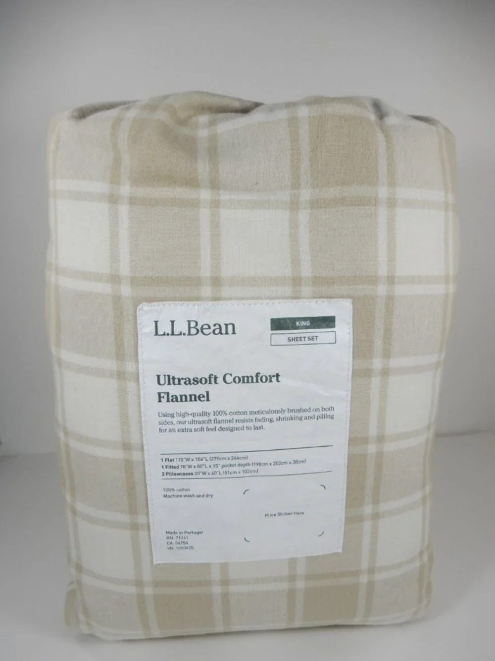 L.L. Bean Ultrasoft Comfort Flannel KING Sheet Set in Driftwood/Bone Plaid NEW